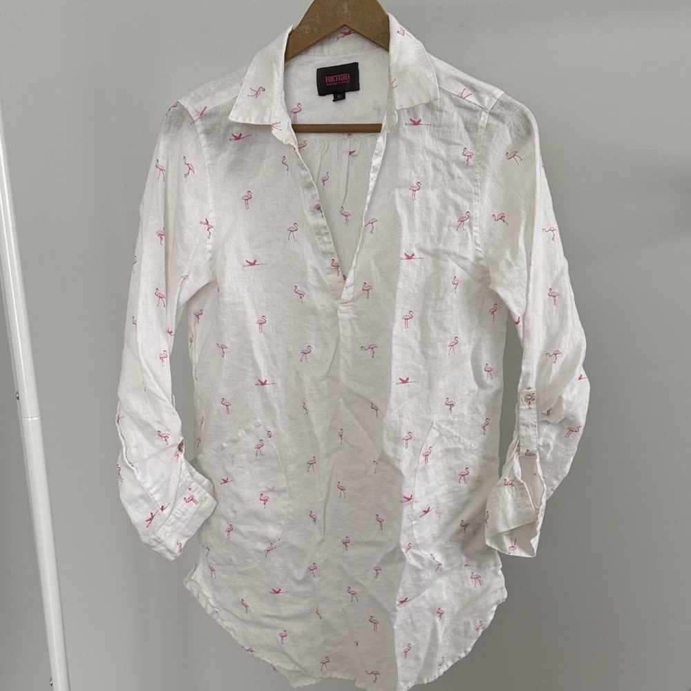 Beachwear Pink Flamingo Embroidered White Linen Shirt
